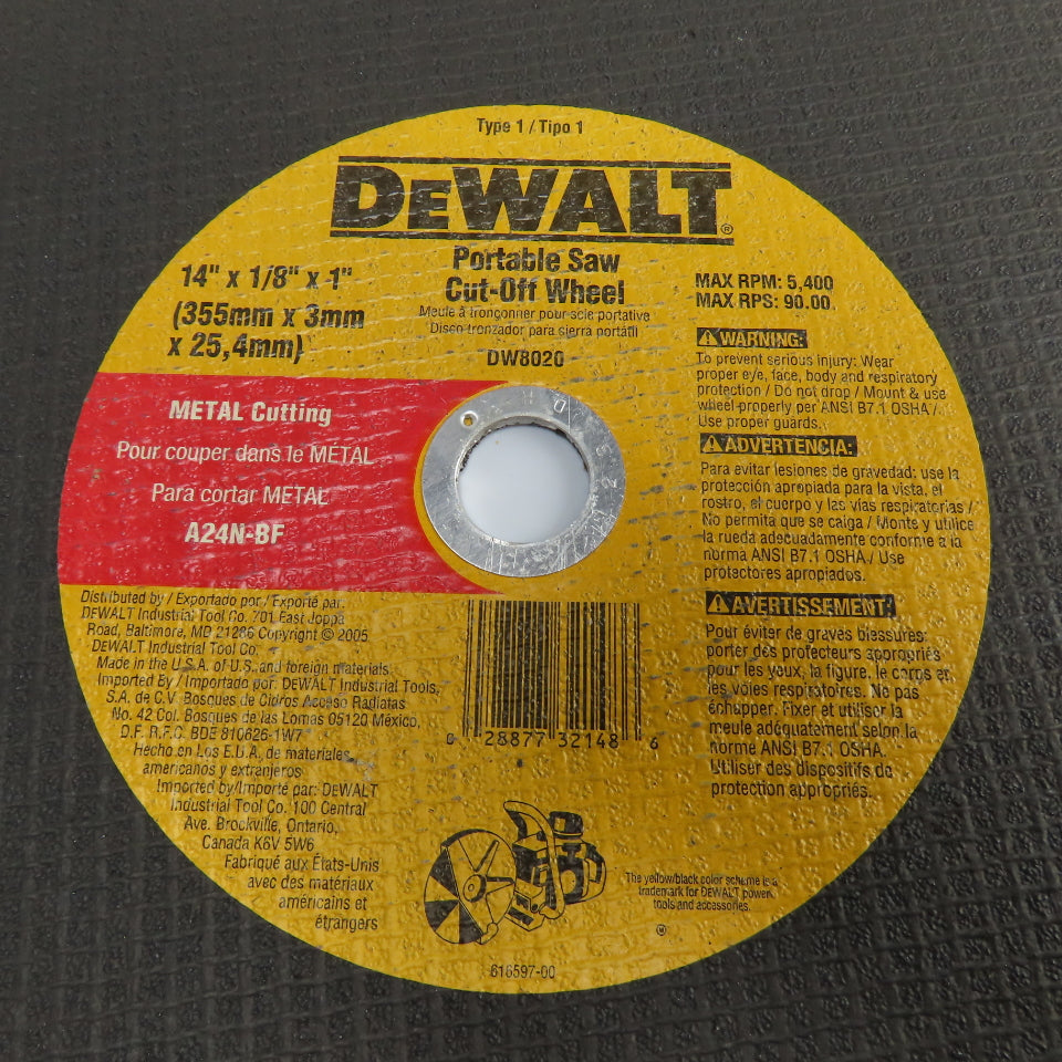 DeWalt DW8020 14" x 1/8" x 1" Metal Cut-Off Wheels NEW Lot of 3
