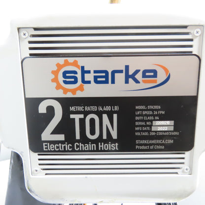 Starke STK2026 2 Ton 4000LB Electric Chain Hoist 20' Lift 230/460V 3Ph