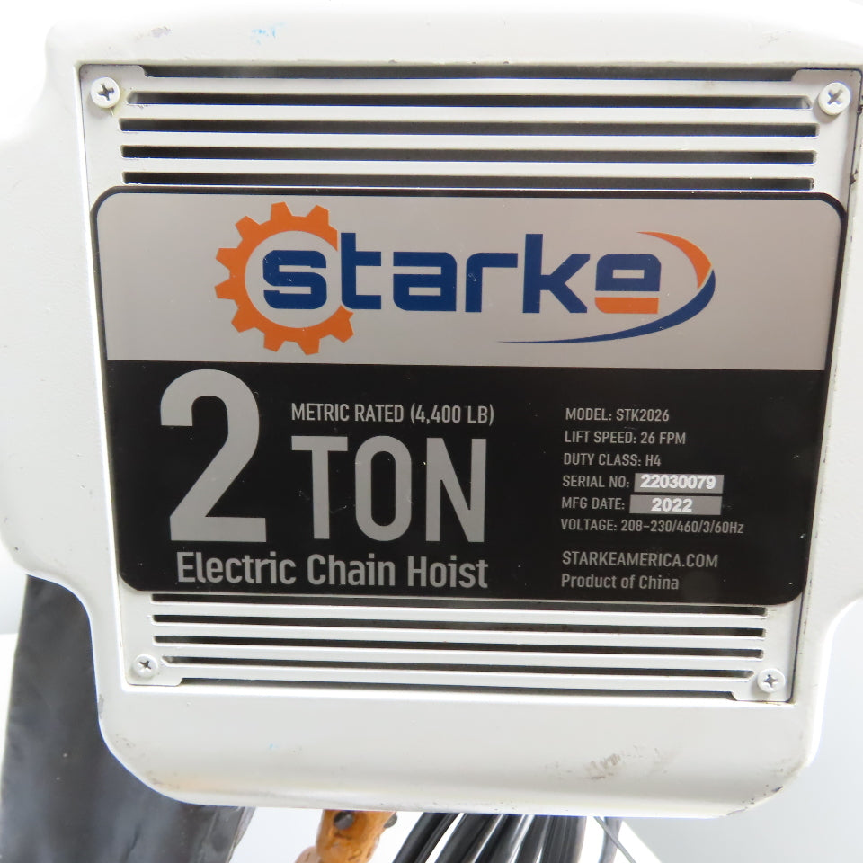 Starke STK2026 2 Ton 4000LB Electric Chain Hoist 20' Lift 230/460V 3Ph