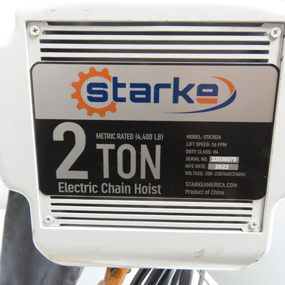 Starke STK2026 2 Ton 4000LB Electric Chain Hoist 20' Lift 230/460V 3Ph