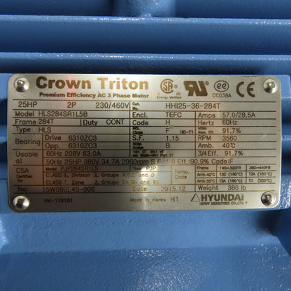 Crown Triton Hyundai HLS284SR1L5B 25HP AC Electric Motor 230/460V 3Ph 284T Frame