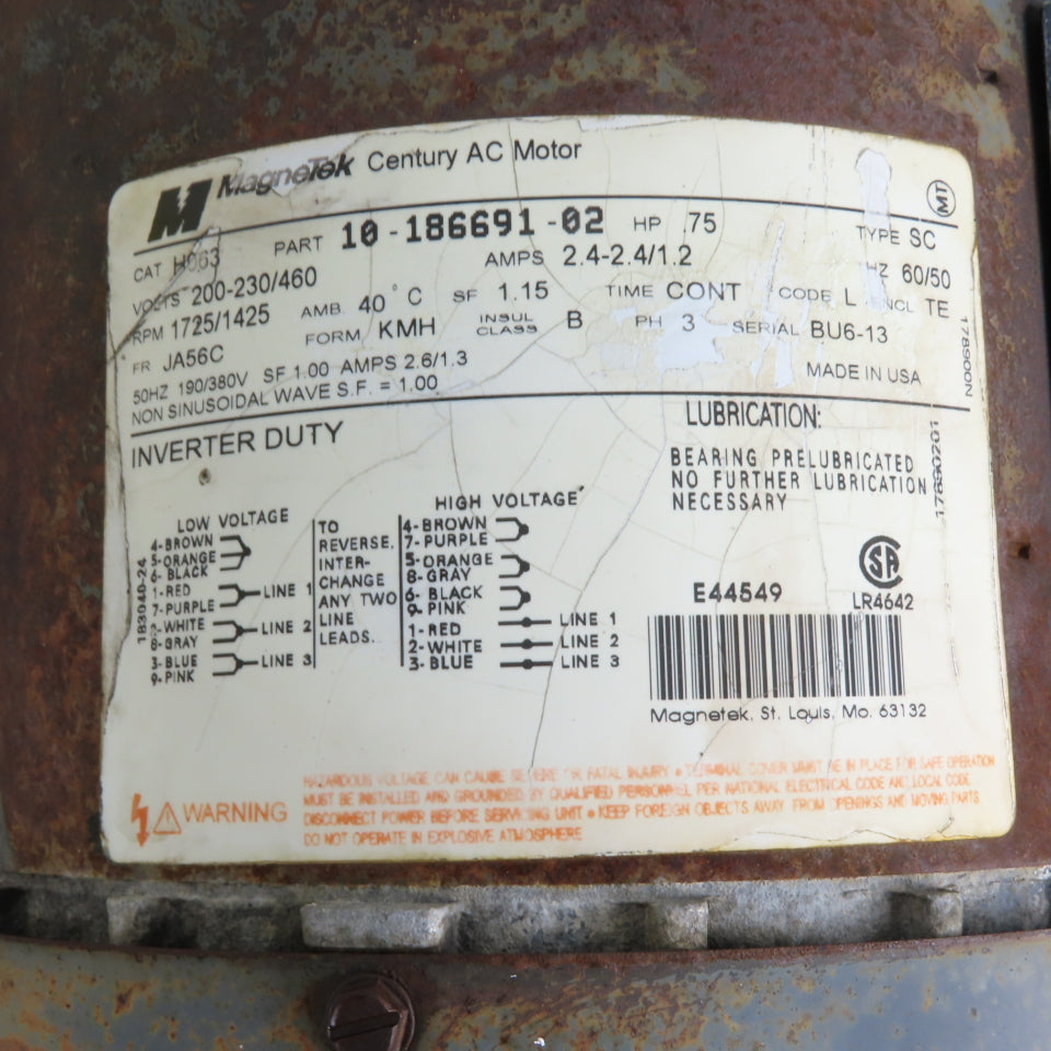 Magnetek 10-186691-02 3/4HP Gear Motor 200-230/460V 3Ph 1725RPM JA56C Fr.