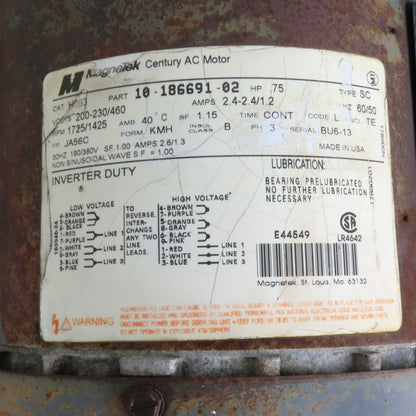 Magnetek 10-186691-02 3/4HP Gear Motor 200-230/460V 3Ph 1725RPM JA56C Fr.