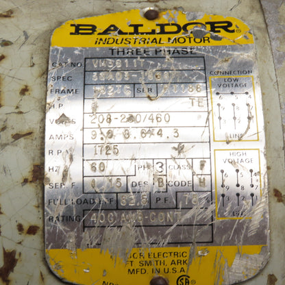 Baldor VM3611T 3HP AC Electric Motor 230/460V 3Ph 182TC Frame 1725RPM