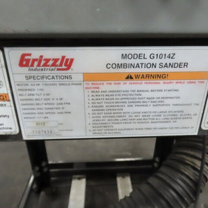 Grizzly G1014Z Combination Sander 3/4HP 1Ph 110V/220V 6"x48" Belt 9" Disc