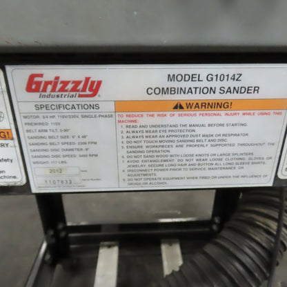 Grizzly G1014Z Combination Sander 3/4HP 1Ph 110V/220V 6"x48" Belt 9" Disc