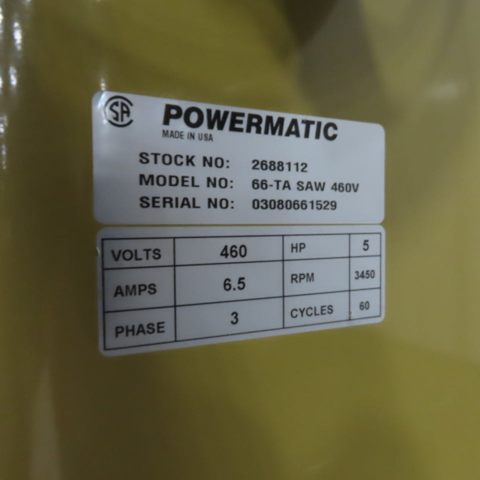 Powermatic 66-TA 10" Tilting Arbor Table Saw 45° Bevel 208-230/480V 3Ph 5Hp