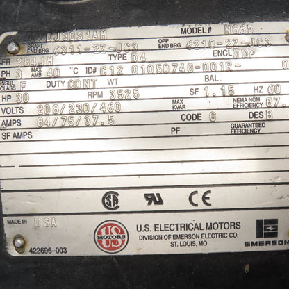 U.S. Motors N865 30HP 3525RPM 3Ph 284JM Frame ODP Pump Motor 230/460V