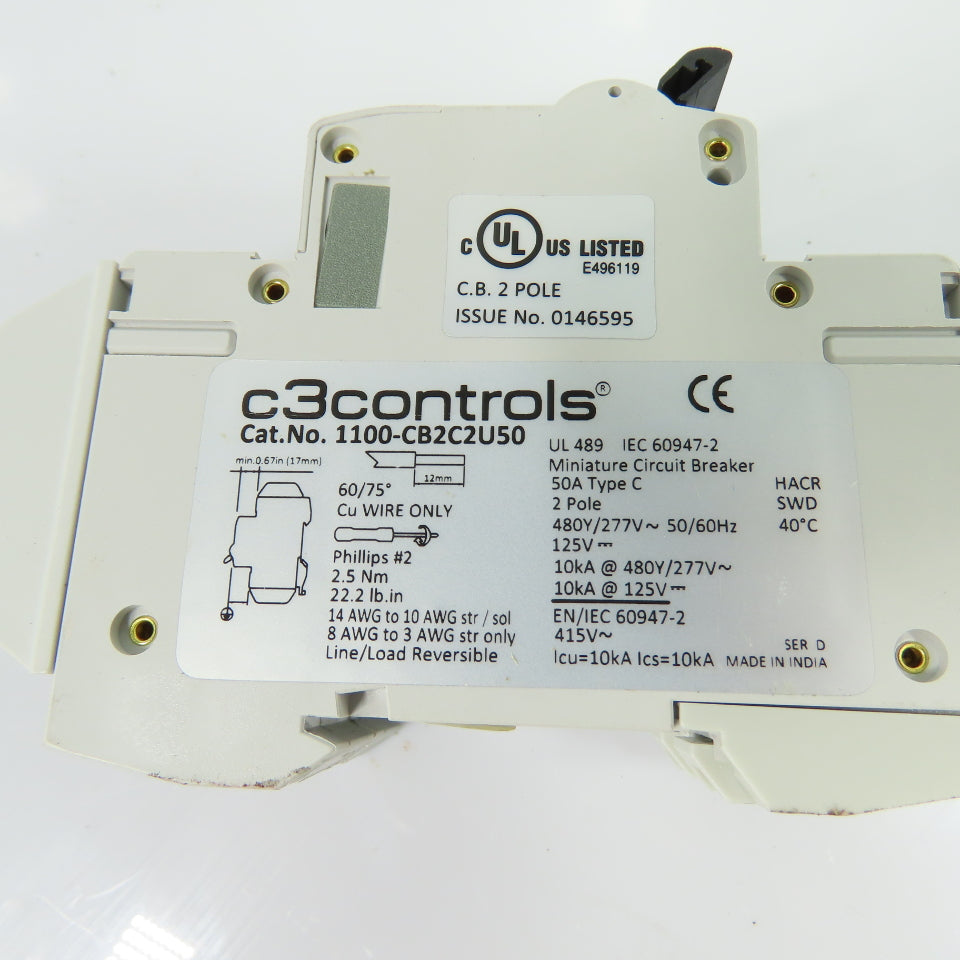 c3controls 1100-CB2C2U50 50A 2-Pole Miniature Circuit Breaker 480Y/277VAC 125VDC