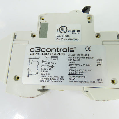 c3controls 1100-CB2C2U50 50A 2-Pole Miniature Circuit Breaker 480Y/277VAC 125VDC