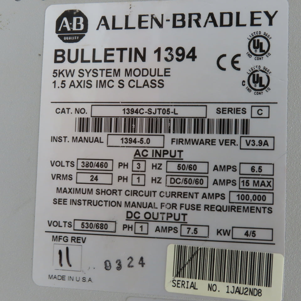 Allen Bradley 1394C-SJT05-L Digital Servo Driver 5kW 380/460VAC Input 530/680VDC