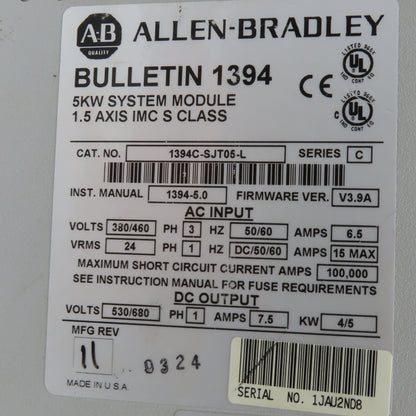Allen Bradley 1394C-SJT05-L Digital Servo Driver 5kW 380/460VAC Input 530/680VDC