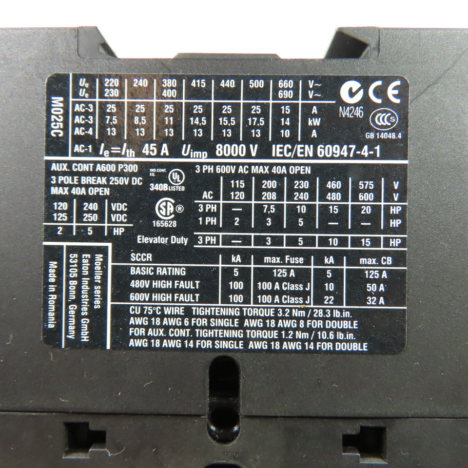 Eaton XTCE025C10 Contactor 45A 600VAC 24-27VDC Coil W/ PKZM0-20 Circuit Breaker