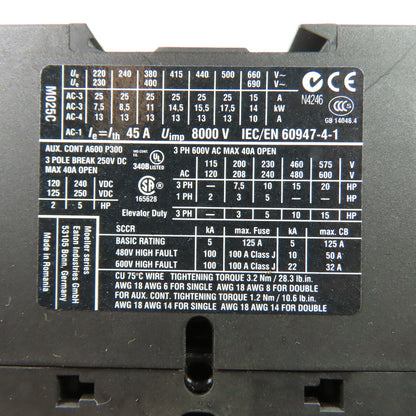 Eaton XTCE025C10 Contactor 45A 600VAC 24-27VDC Coil W/ PKZM0-20 Circuit Breaker