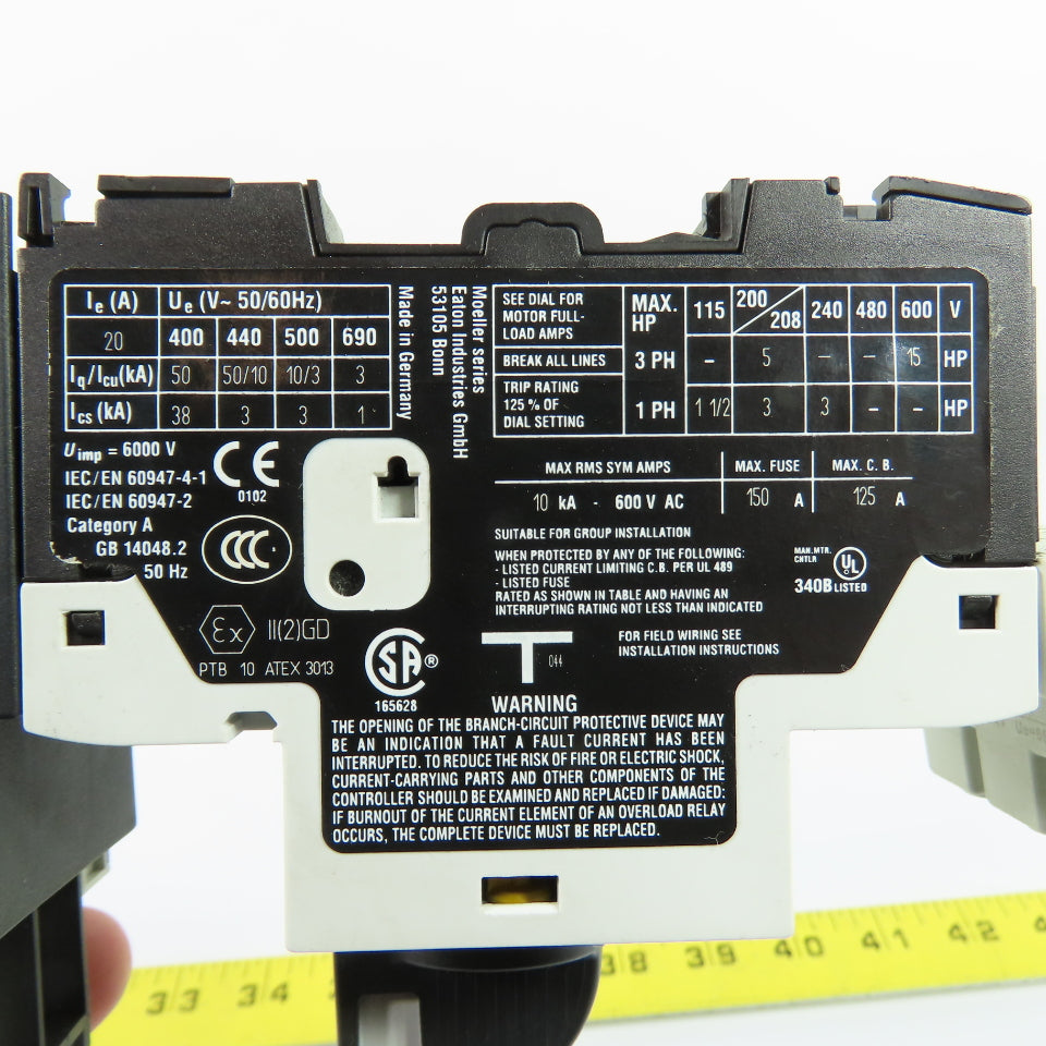Eaton XTCE025C10 Contactor 45A 600VAC 24-27VDC Coil W/ PKZM0-20 Circuit Breaker