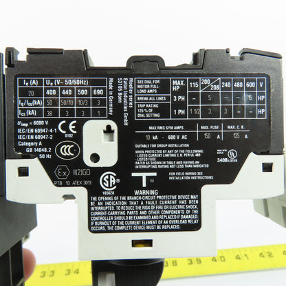 Eaton XTCE025C10 Contactor 45A 600VAC 24-27VDC Coil W/ PKZM0-20 Circuit Breaker
