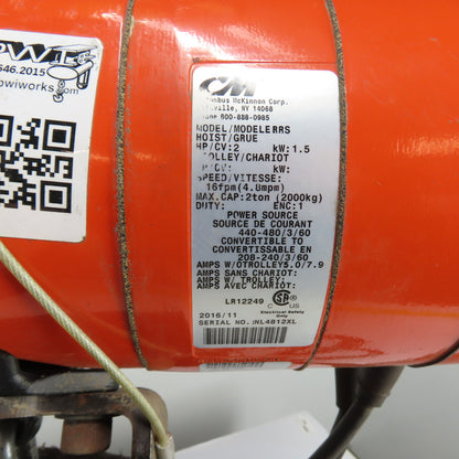CM Lodestar Model RRS 2Ton 4000LB Electric Chain Hoist 10'Lift 16FPM 3Ph 230/460V