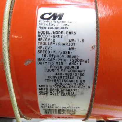 CM Lodestar Model RRS 2Ton 4000LB Electric Chain Hoist 15'Lift 16FPM 3Ph 230/460V