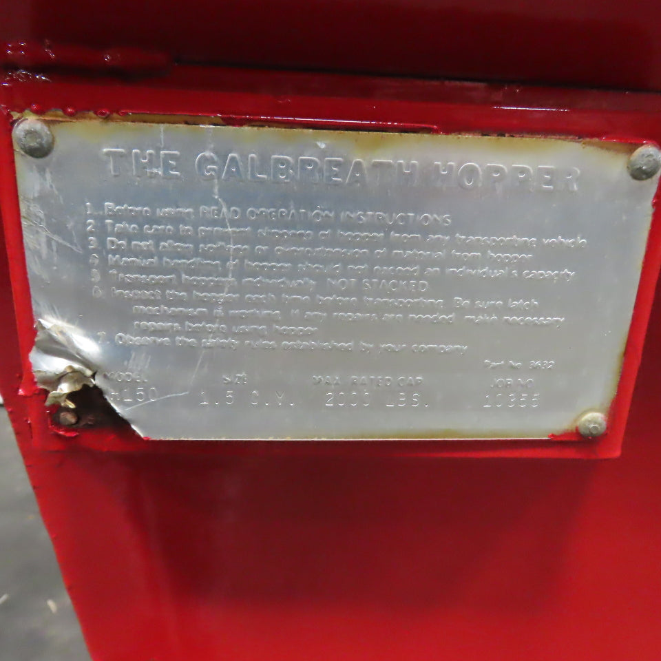 Galbreath H150 1-1/2 Cu Yard Self Dumping Trash Scrap Hopper 2000LB Cap