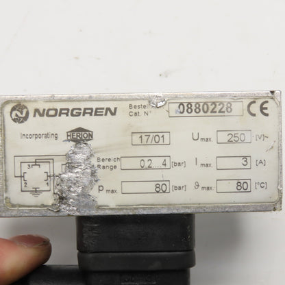 Norgren 0880228 Electromechanical Pressure Switch 0.2-4 Bar 80 Bar Max 250V