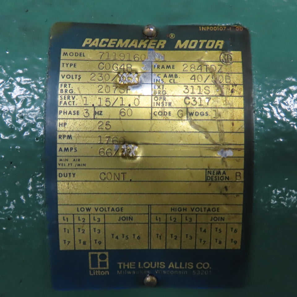 Louis Allis ACM 9083 Ajusto-Spede 25HP Drive Motor 230V 3Ph 1760RPM 284TD