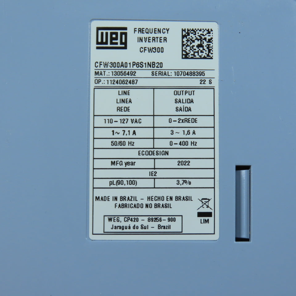 WEG CFW300A01P6S1NB20 CFW300 Vector Inverter AC Drive 110-127VAC 1Ph