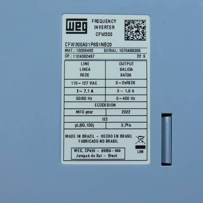 WEG CFW300A01P6S1NB20 CFW300 Vector Inverter AC Drive 110-127VAC 1Ph