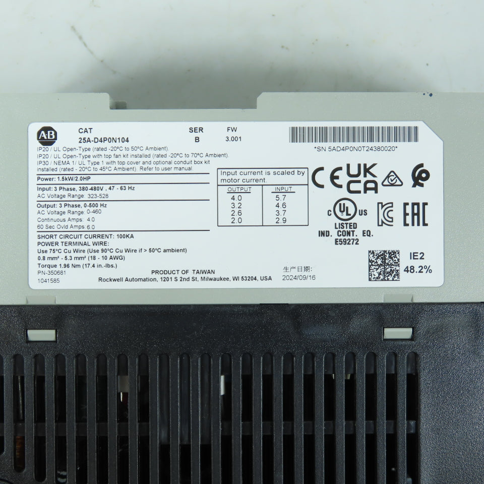 Allen-Bradley 25A-D4P0N104 PowerFlex 523 AC Drive 1.5kW/2.0HP Ser B FW 3.001