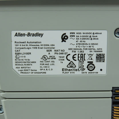 Allen-Bradley 5069-L310ER CompactLogix 1MB Enet Controller Ser A FW 1.063