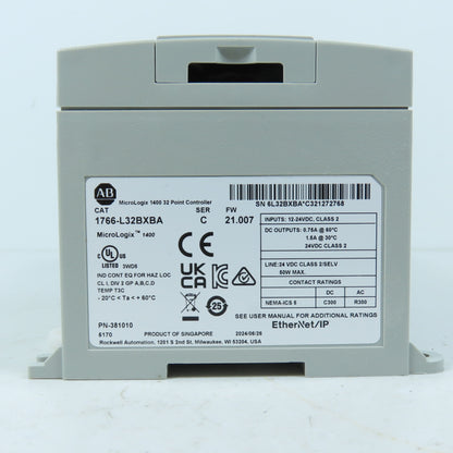 Allen-Bradley 1766-L32BXBA MicroLogix 1400 32-Pt Controller 24VDC Ser C FW21.007