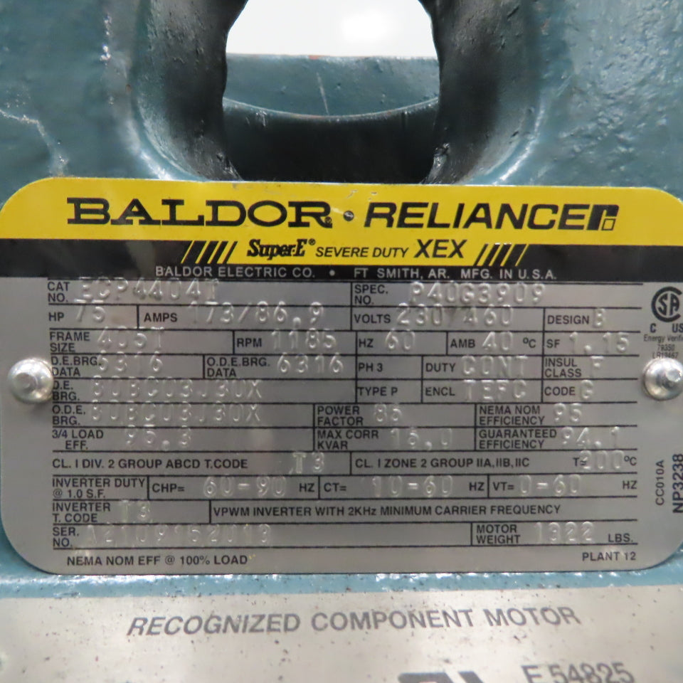 Baldor ECP4404T 75HP Electric Motor 230/460V 3Ph 405T Frame 1185RPM