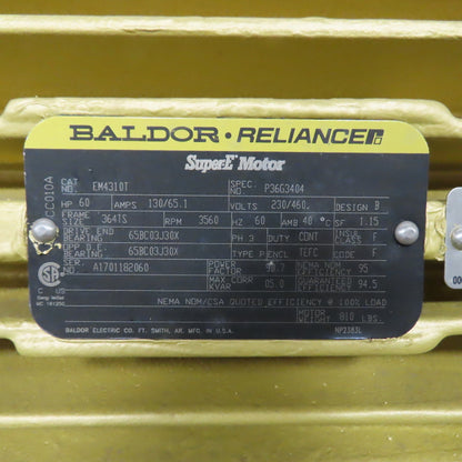 Baldor EM4310T 60HP Electric Motor 230/460V 3Ph 364TS Frame 3560RPM NEW