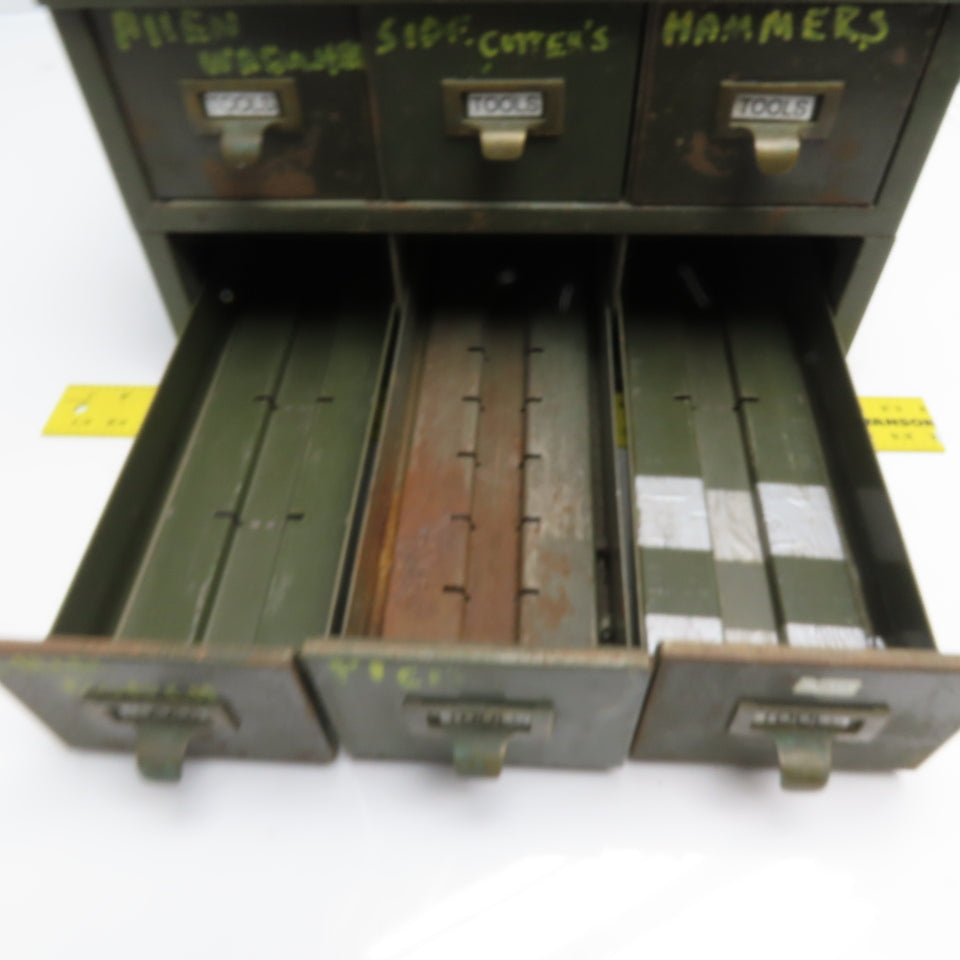 Shaw Walker 6 Drawer Card Catalog Vintage OD Green Metal 18" x 19" x 12"