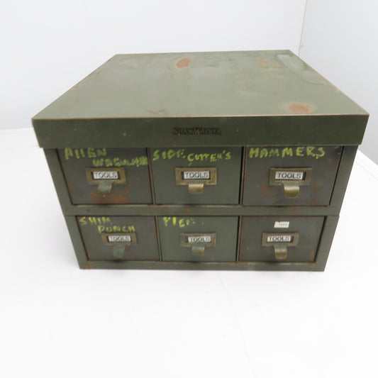 Shaw Walker 6 Drawer Card Catalog Vintage OD Green Metal 18" x 19" x 12"