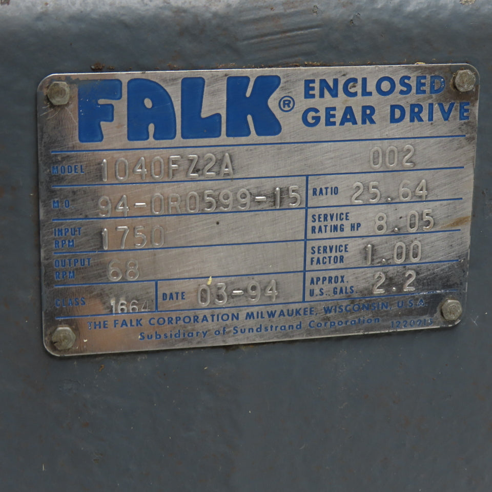 Falk 1040FZ2A 25.64:1 Ratio Enclosed Gear Drive 68RPM Output 8Hp