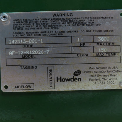 Howden 142513-001-1 AF-12 12" Centrifugal Blower 1HP 2850RPM 230/400V 3Ph 50Hz