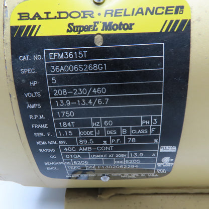 Baldor-Reliance EFM3615T 5HP Electric Motor 208-230/460V 3Ph 184T Frame 1750RPM