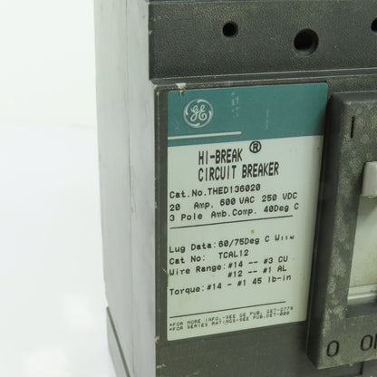 GE THED136020 20A 3-Pole Hi-Break Circuit Breaker 600VAC 250VDC