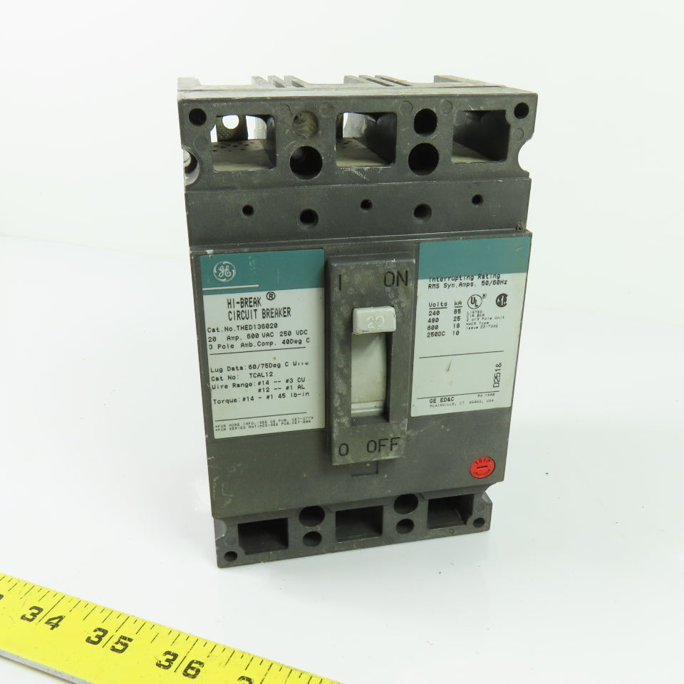 GE THED136020 20A 3-Pole Hi-Break Circuit Breaker 600VAC 250VDC