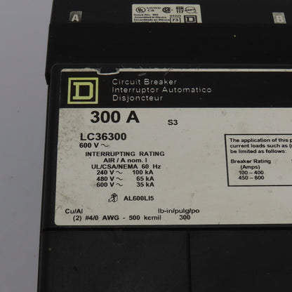 Square D LC36300 300A 3-Pole 600V Molded Case Circuit Breaker