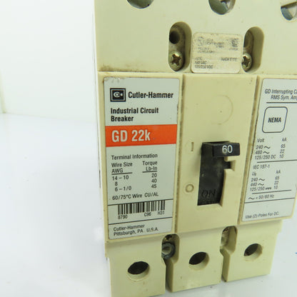 Cutler-Hammer GD3060 60A 3-Pole Industrial Circuit Breaker 480VAC