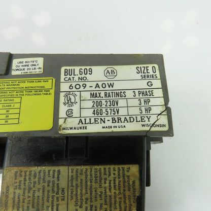 Allen-Bradley 609-AOW Size 0 3-Pole 3Ph Manual Motor Starter 600V Ser G