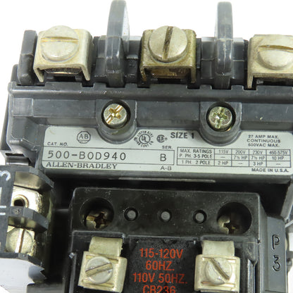 Allen-Bradley 500-BOD940 NEMA Size 1 Motor Starter Contactor 115-120V Coil