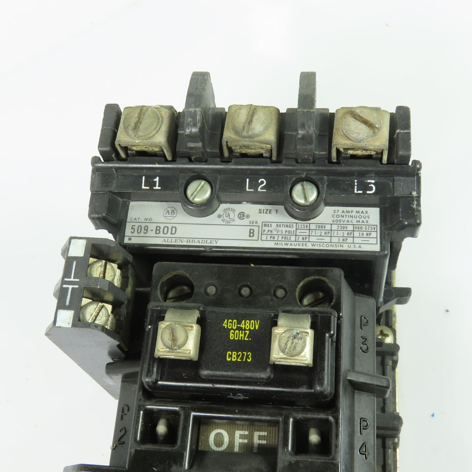 Allen-Bradley 509-BOD 27A NEMA Size 1 Motor Starter 3Ph 460-480VAC Coil Ser B