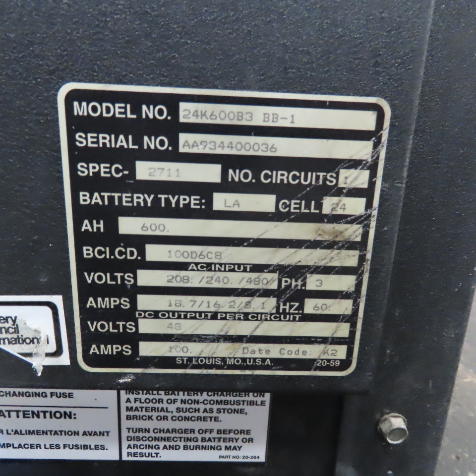 Kodiak 24K600B3 BB-1 48V 100A Forklift Battery Charger 3Ph 600AH 24 Cell