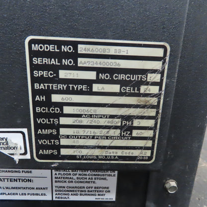 Kodiak 24K600B3 BB-1 48V 100A Forklift Battery Charger 3Ph 600AH 24 Cell