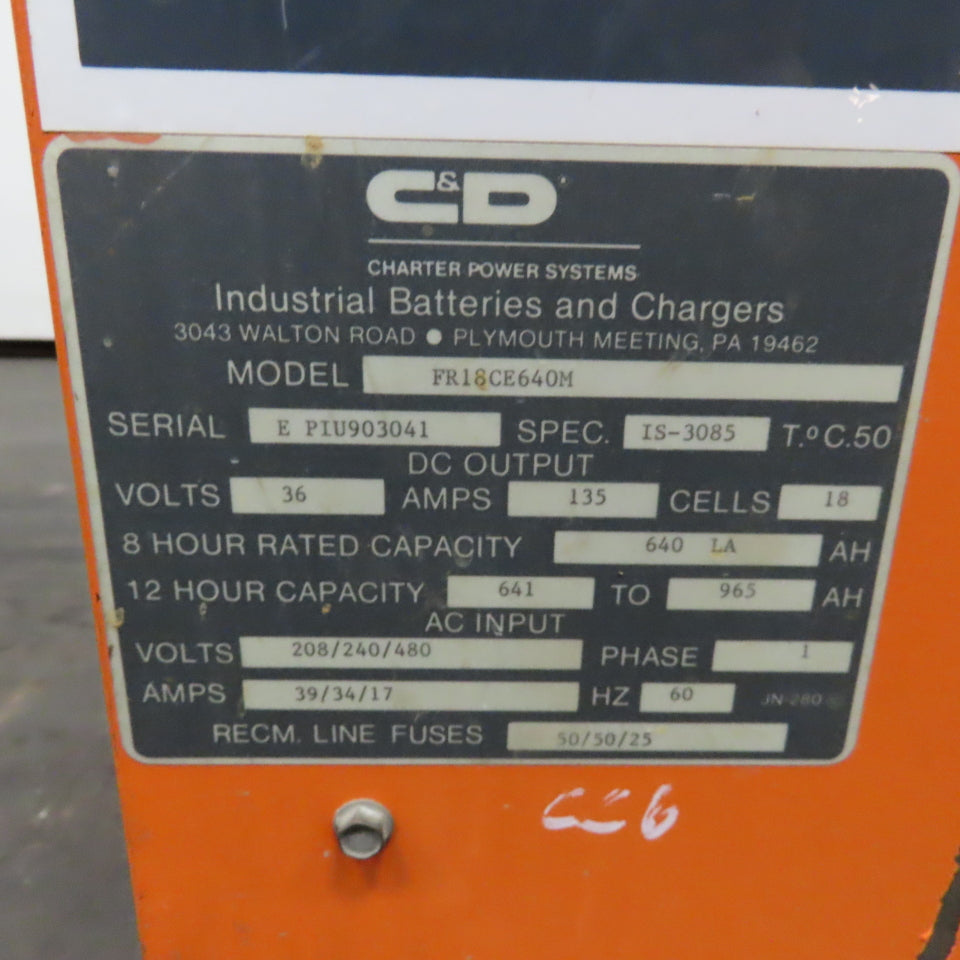 C&D FR18CE640M Ferro Five 36V 135A Forklift Battery Charger 1Ph 640AH 18 Cell