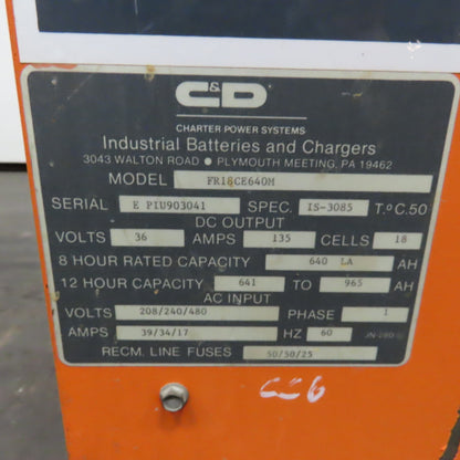 C&D FR18CE640M Ferro Five 36V 135A Forklift Battery Charger 1Ph 640AH 18 Cell