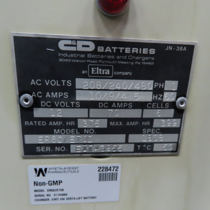 C&D ER6C/E70D 12V Forklift Battery Charger 70A 1Ph 208/240/480V 375-399AH 6Cell