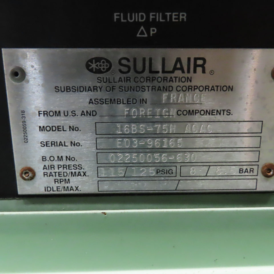 Sullair 16BS-75H ACAC LS-16 75HP Rotary Screw Air Compressor 3Ph 480V Tested